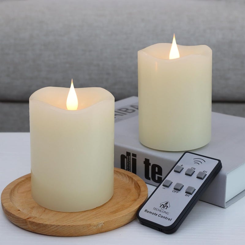 TECHLONG Flameless Candles Battery Operated with Remote Timer, 3D Moving Flame Flickering, Last 600+ Hours Battery Candles, 3" x 4" Ivory Real Wax Electric LED Candle for Wedding Party, Set of 2 - Image 1